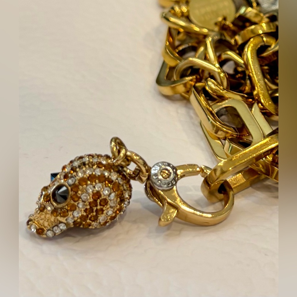 RARE EUC HENRI BENDEL SKULL BRACELET GOLD TONED CHUNKY CHAIN CRYSTAL SKULL CHARM - Picture 2 of 11
